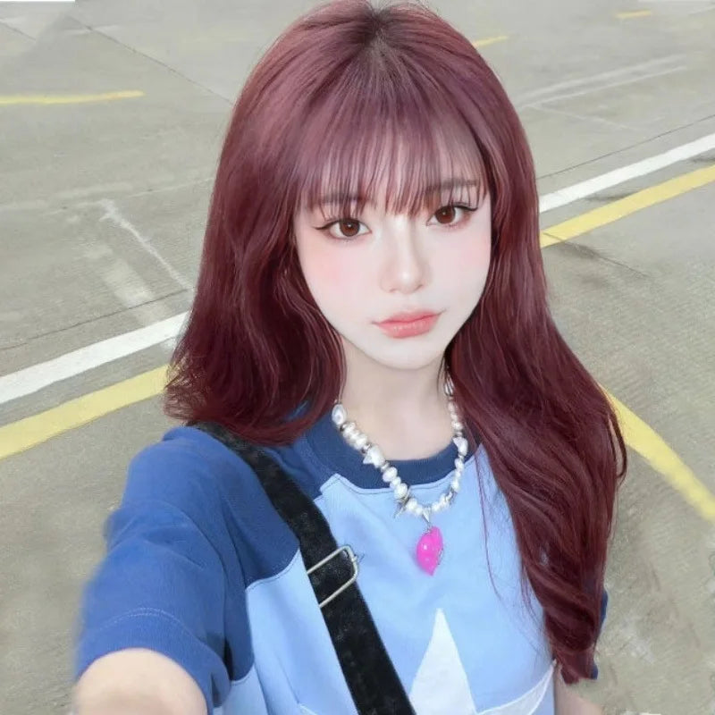 New synthetic synthetic fiber wig for women Air bangs long hair big waves wine red high temperature silk wig head cover