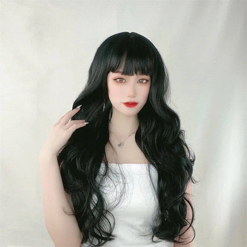 New synthetic synthetic fiber wig for women Air bangs long hair big waves wine red high temperature silk wig head cover