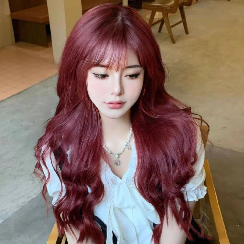 New synthetic synthetic fiber wig for women Air bangs long hair big waves wine red high temperature silk wig head cover
