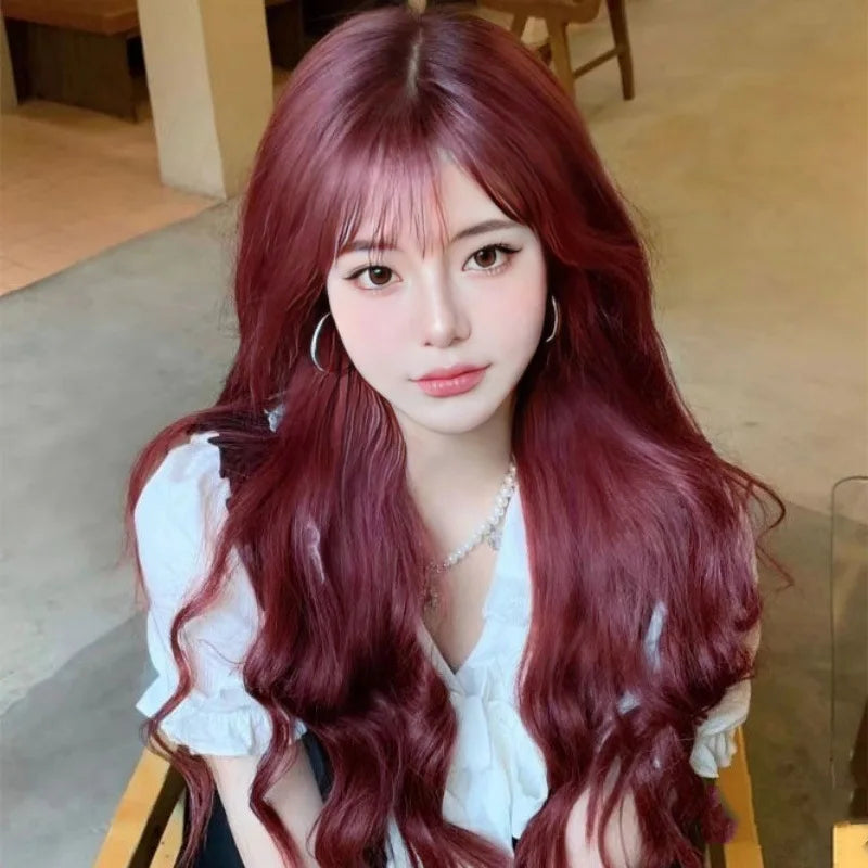 New synthetic synthetic fiber wig for women Air bangs long hair big waves wine red high temperature silk wig head cover