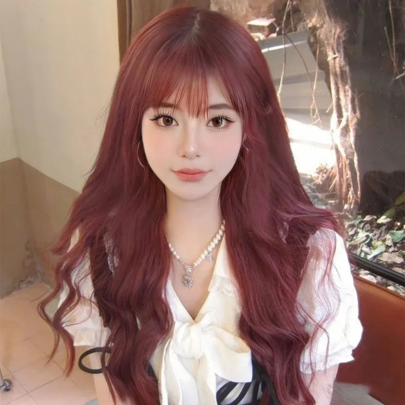 New synthetic synthetic fiber wig for women Air bangs long hair big waves wine red high temperature silk wig head cover