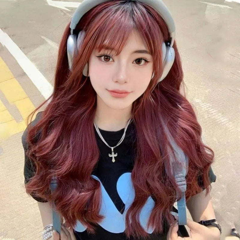 New synthetic synthetic fiber wig for women Air bangs long hair big waves wine red high temperature silk wig head cover